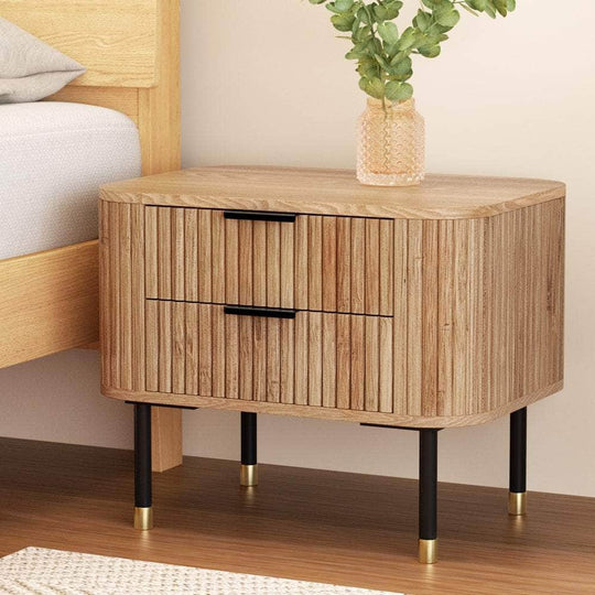 Bedside Table 2 Drawers Paulownia Wood Pine, Wood finish