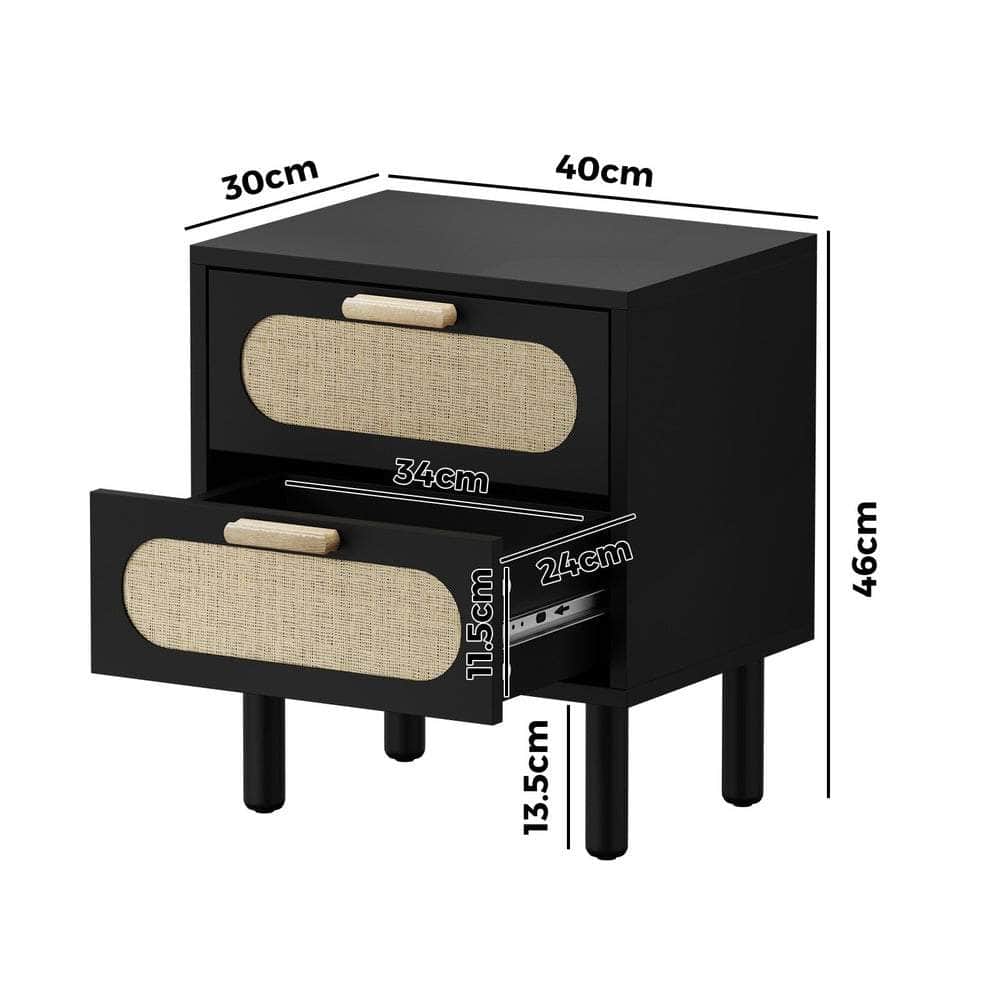 Bedside Table 2 Drawers Rattan Black/Natural