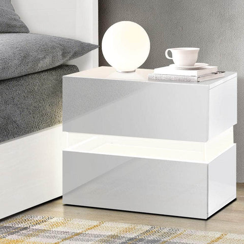 Bedside Table 2 Drawers RGB LED Cabinet White