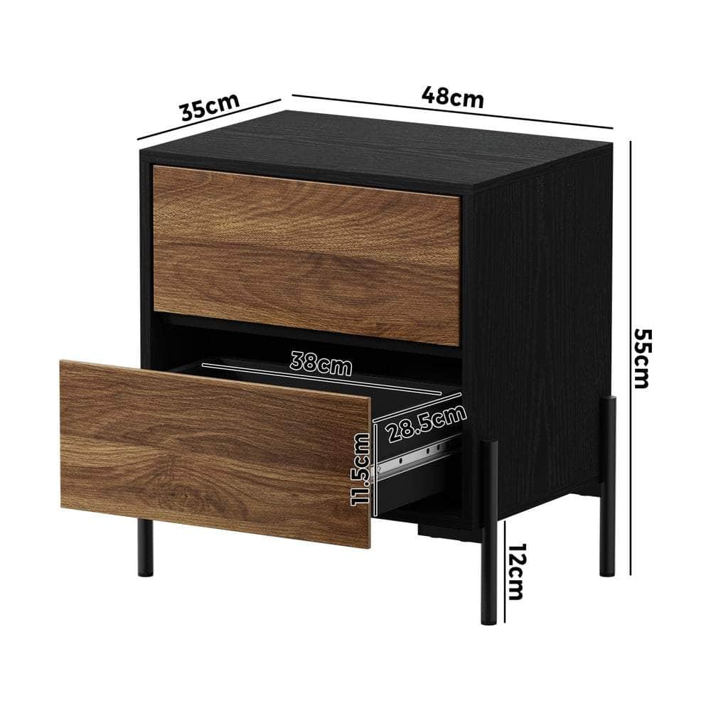 Bedside Table 2 Drawers Side End Nightstand Walnut