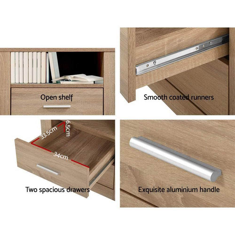 Bedside Table 2 Drawers with Shelf - TARA Oak