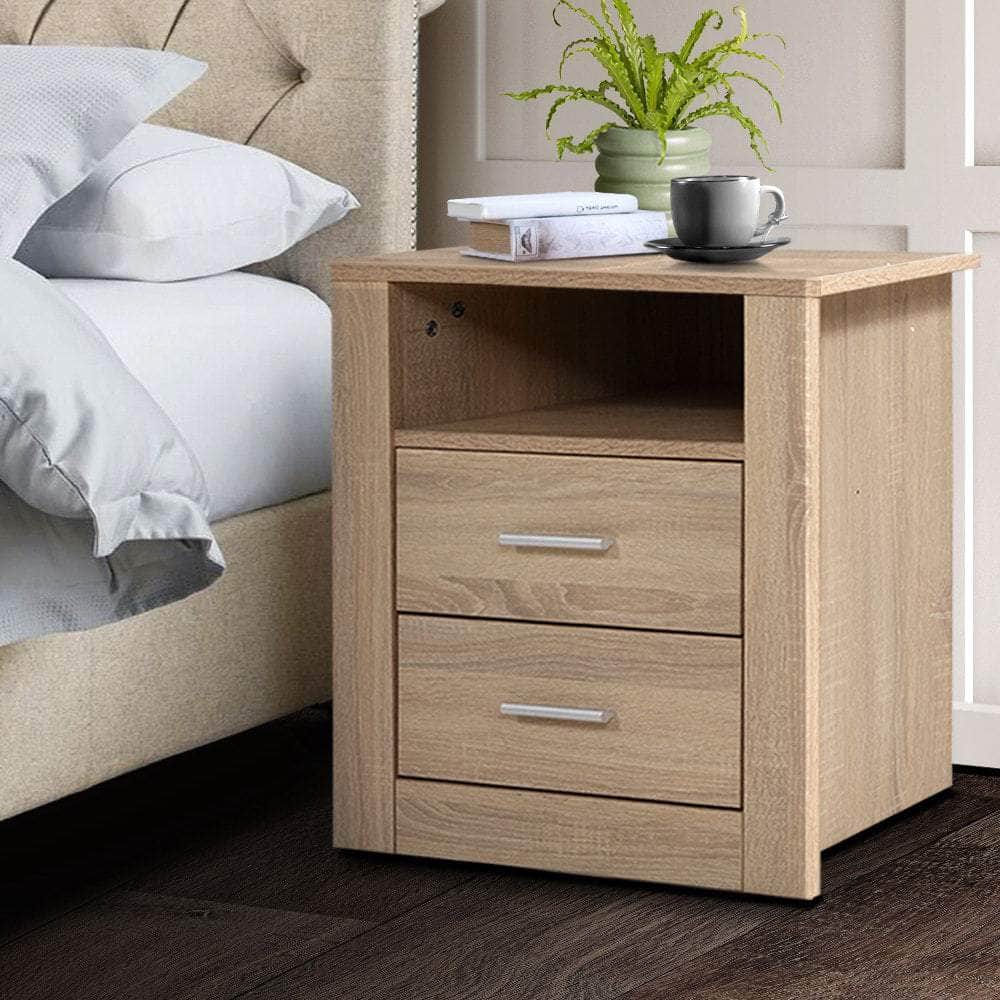 Bedside Table 2 Drawers with Shelf - TARA Oak
