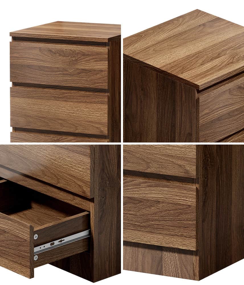 Bedside Table 3 Drawer Side Table Storage Cabinet Walnut 2 Pack