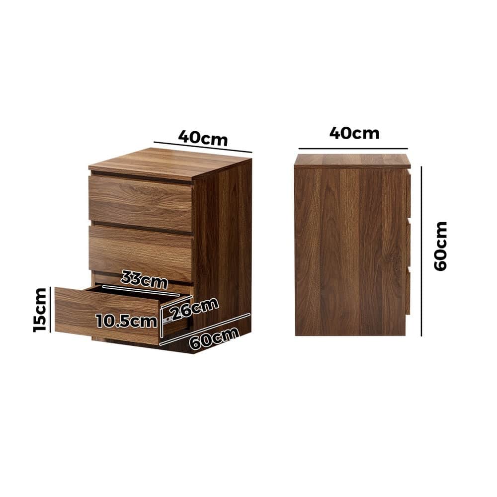 Bedside Table 3 Drawers Storage Cabinet Nightstand Walnut Wood Bedroom
