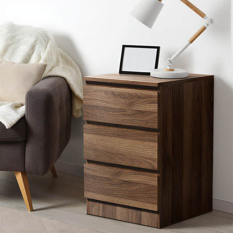 Bedside Table 3 Drawers Storage Cabinet Nightstand Walnut Wood Bedroom