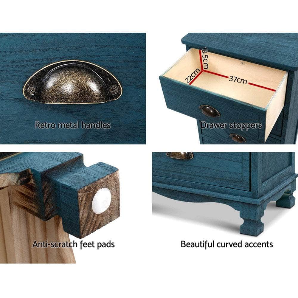 Bedside Table 3 Drawers Vintage - THYME Blue