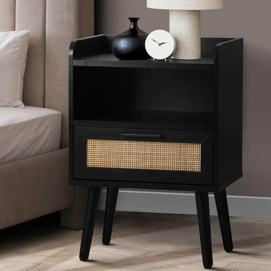 Bedside Table Drawer Side End Table Rattan, Bedside Table