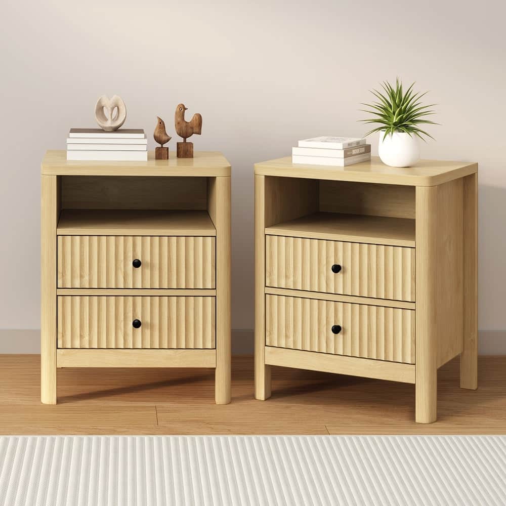 Bedside Table Drawer Side Table Storage Nightstand Natural 2 Pack
