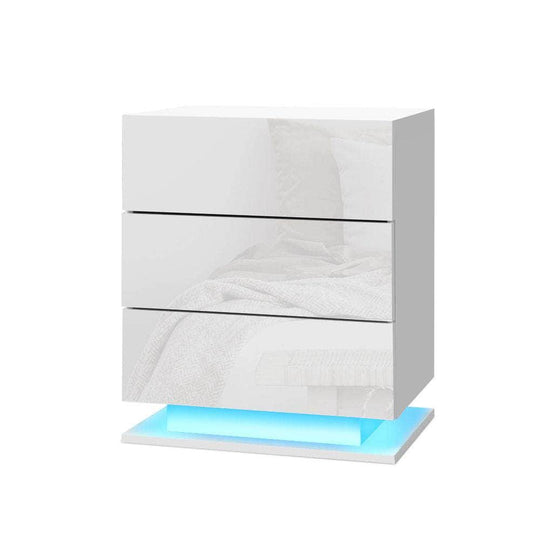 Bedside Tables Side Table RGB LED Lamp 3 Drawers Gloss White