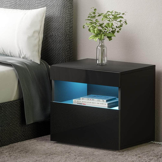 Bedside Table Black with LED Modern Nightstand | Bedside Tables