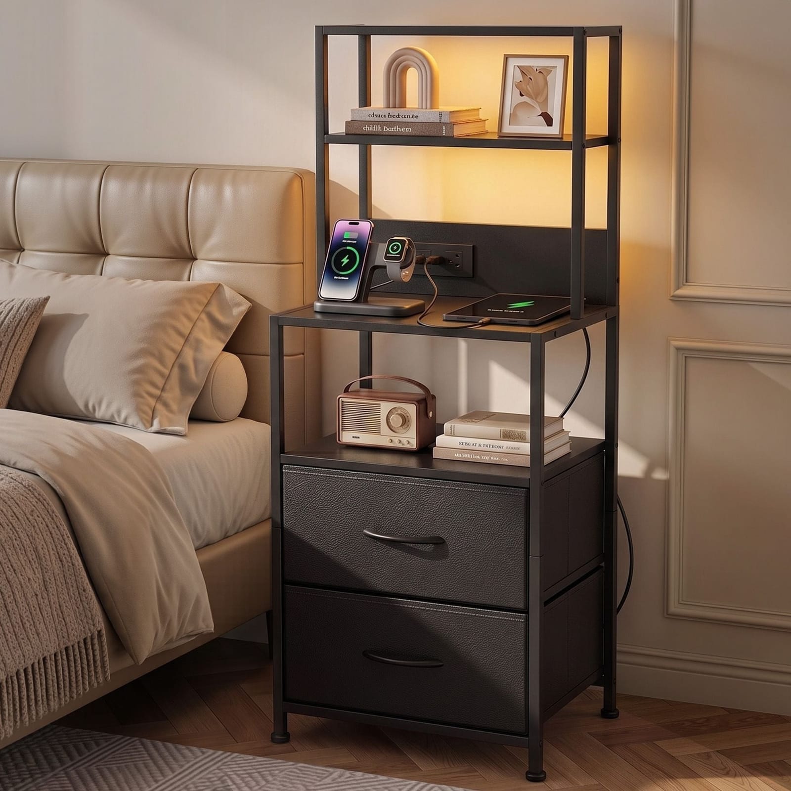 Bedside Table Nightstand Charging Station LED | Simpledeals