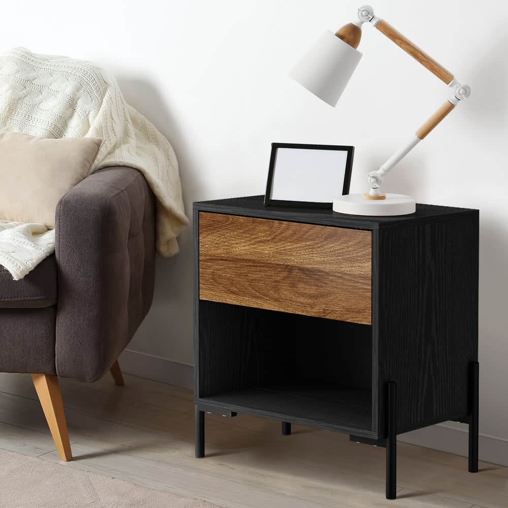 Bedside Table Nightstand Drawer Storage Cabinet Walnut & Black