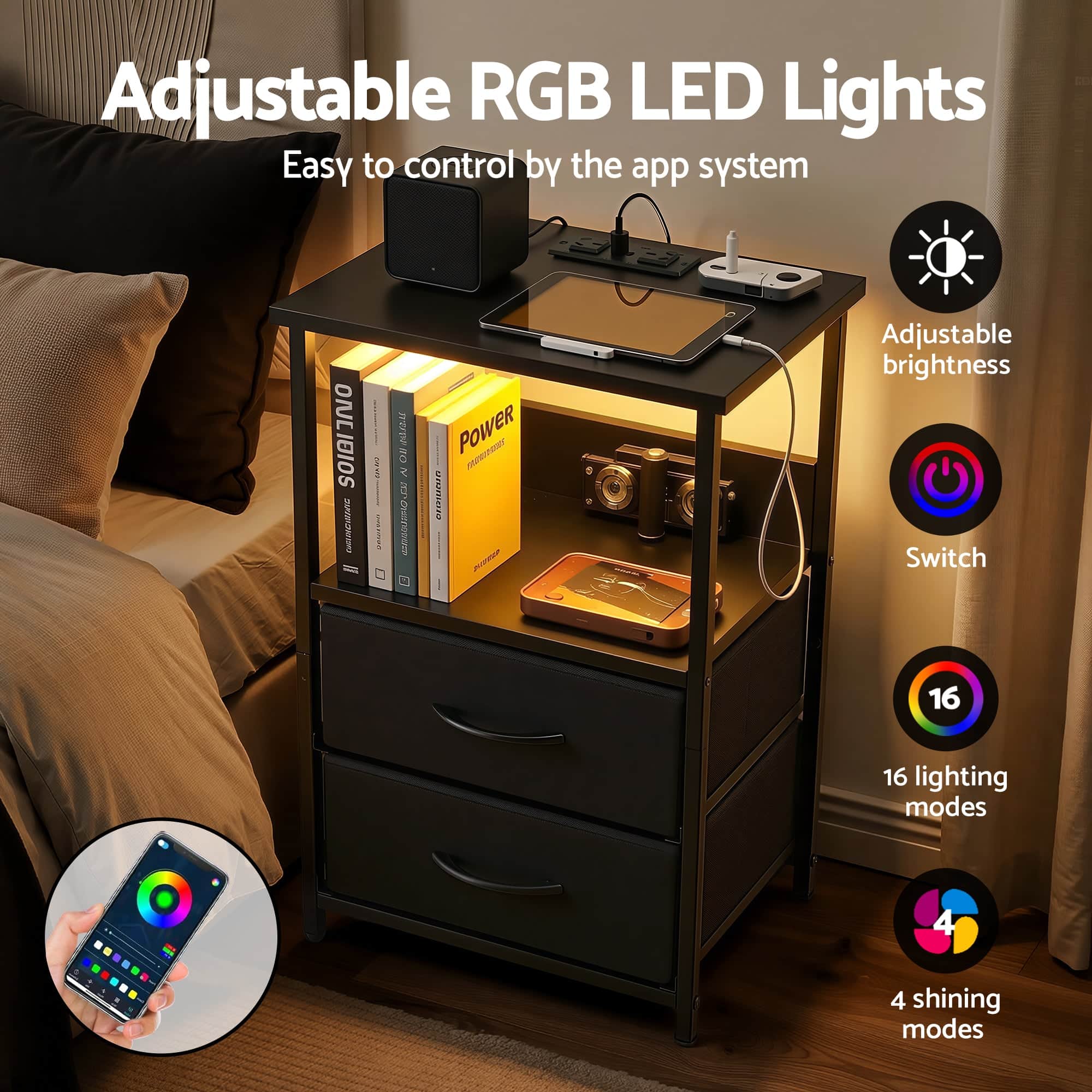 Bedside Table Nightstand with LED Lights 2 Drawers USB Charging Station