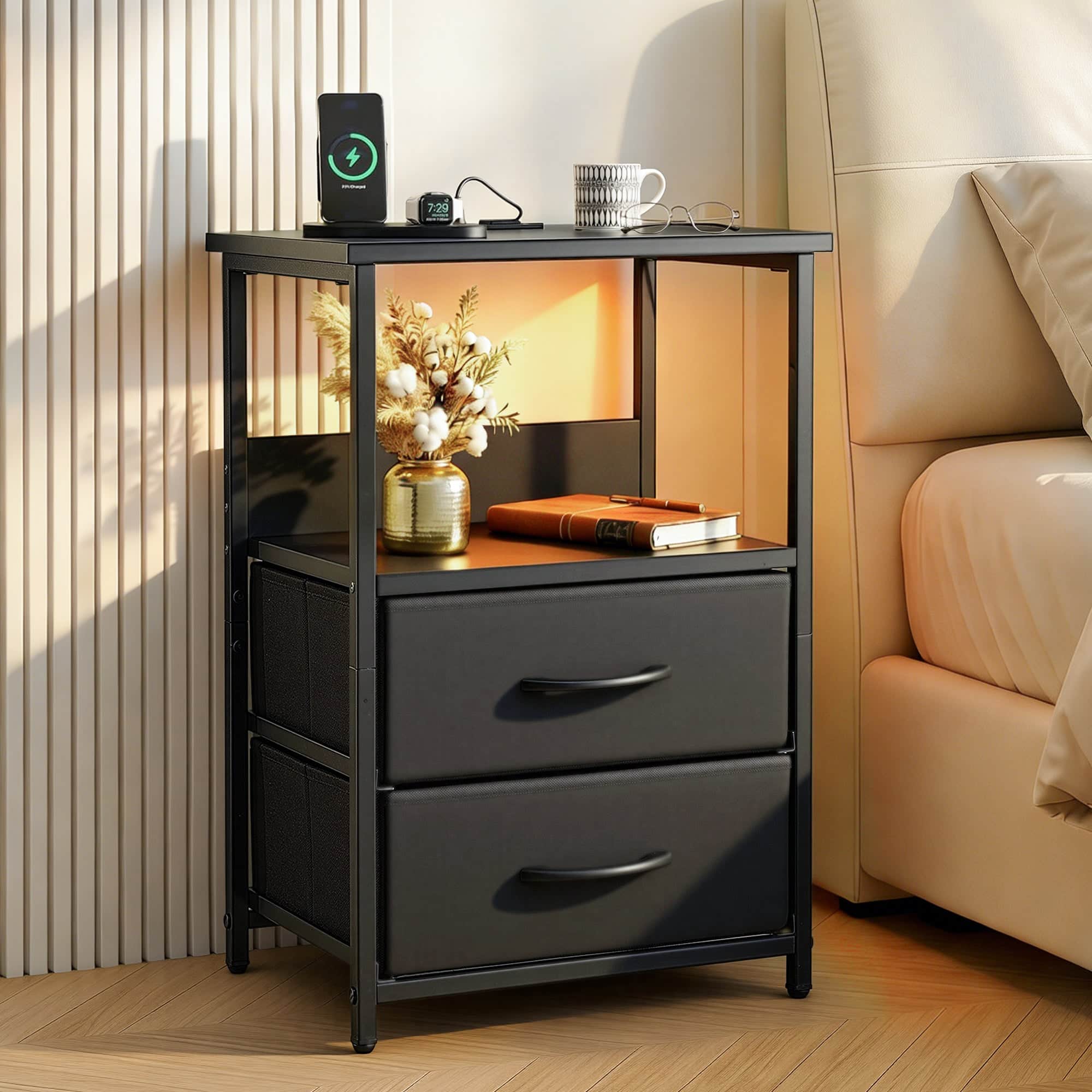 Bedside Table Nightstand with LED Lights 2 Drawers USB Charging Station