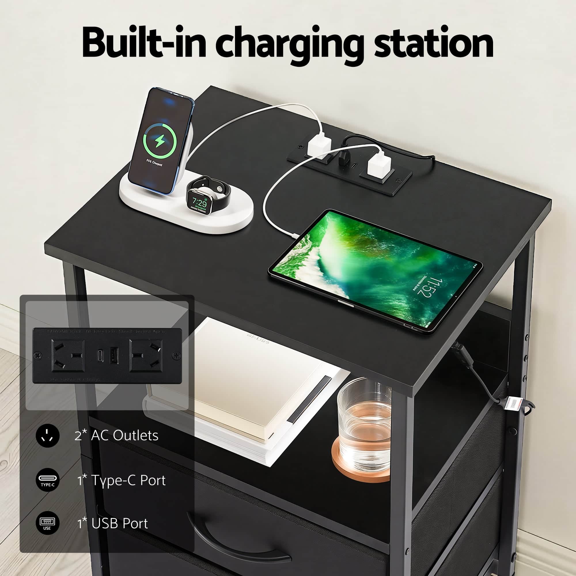 Bedside Table Nightstand with LED Lights 2 Drawers USB Charging Station