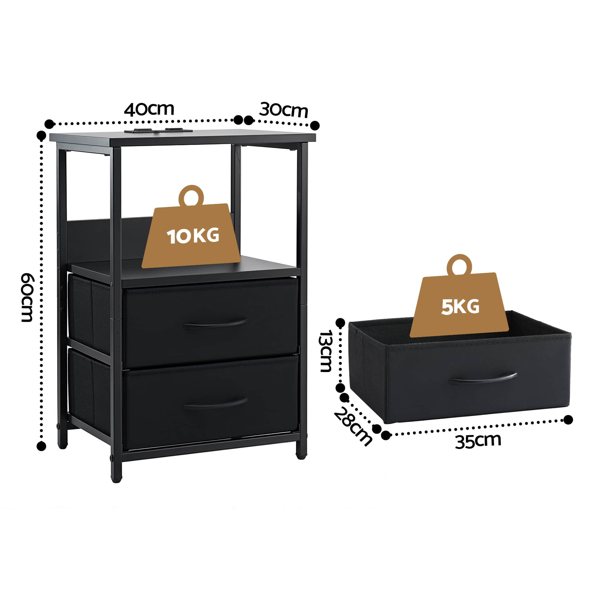 Bedside Table Nightstand with LED Lights 2 Drawers USB Charging Station