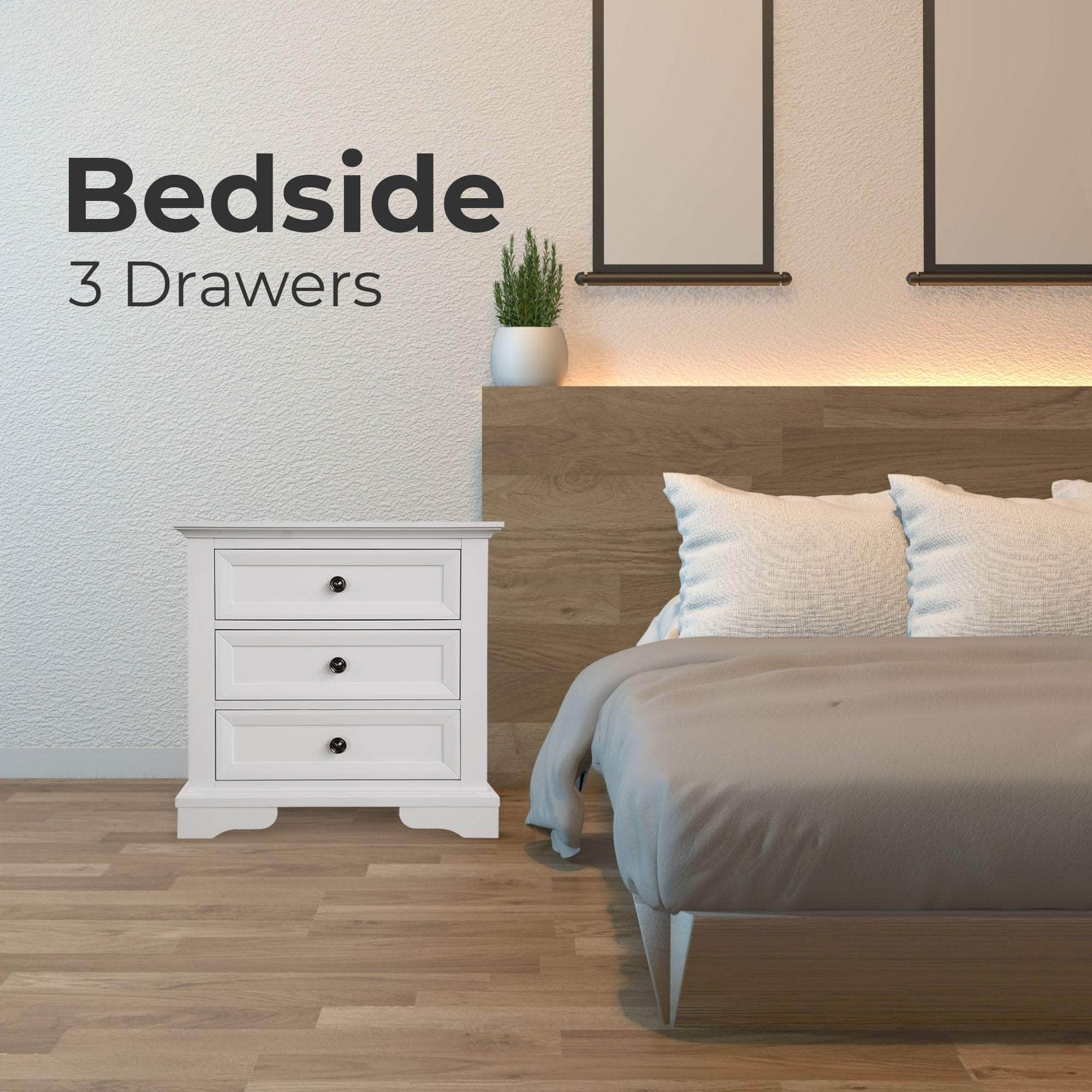 Bedside Table Set Of 2Pcs - 3 Drawers Storage Cabinet Nightstand - White