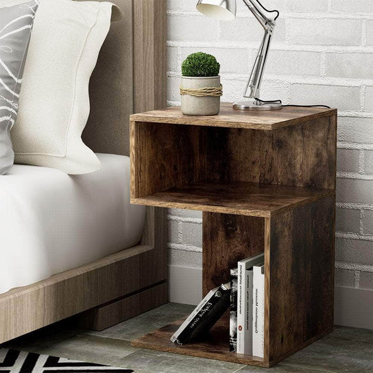 Bedside Table S-Shape Nightstand 2 Shelf Storage Side Table Rustic Oak | Bookcases & Shelves