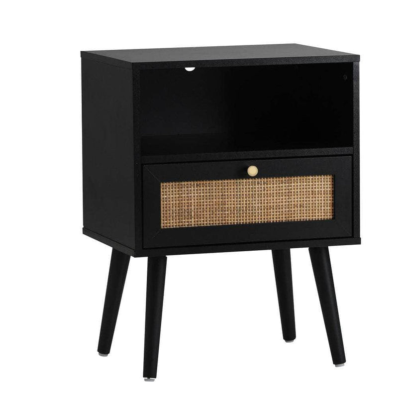 Black colour - Bedside Table Storage Drawer Shelf Rattan Black