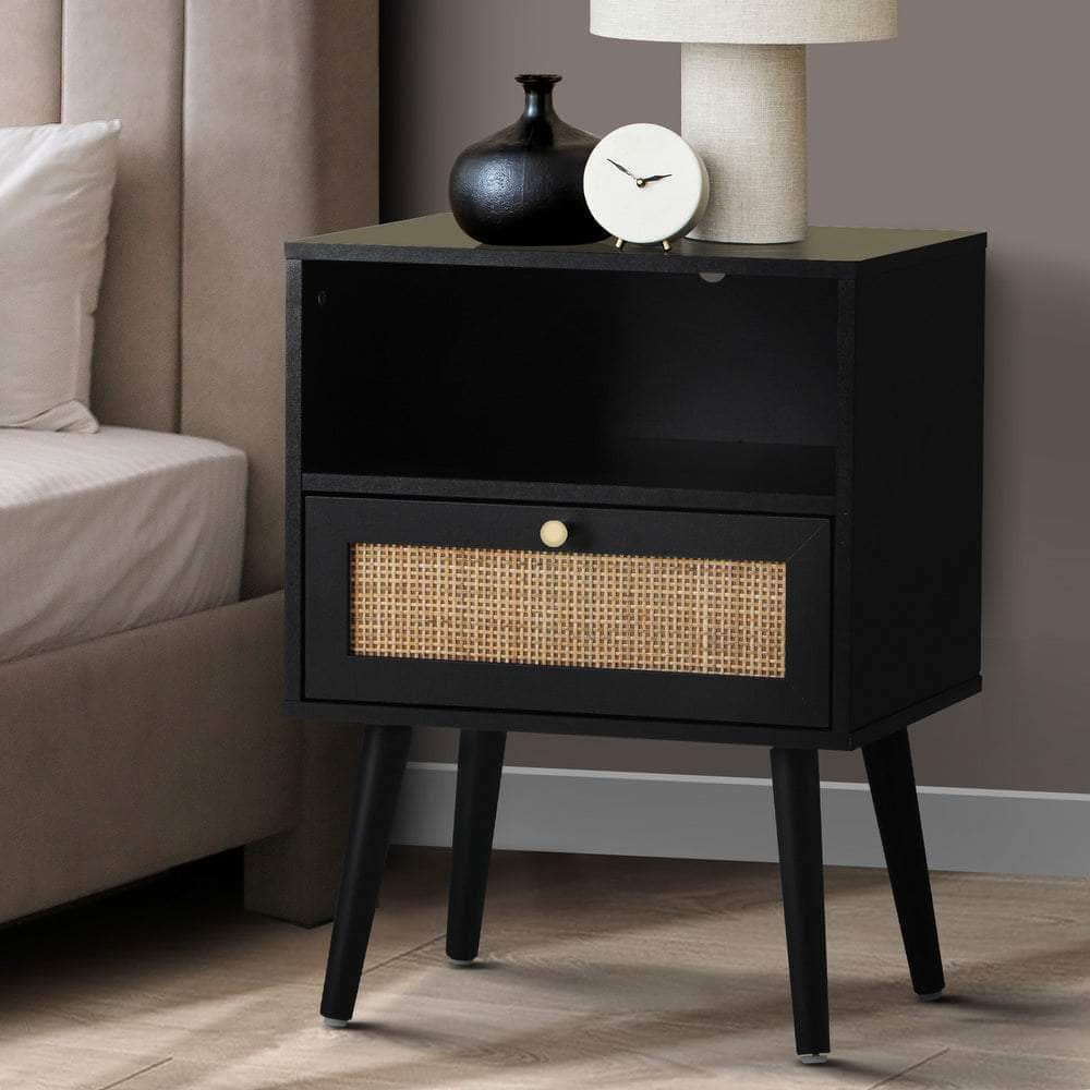Bedside Table Storage Drawer Shelf Rattan Black
