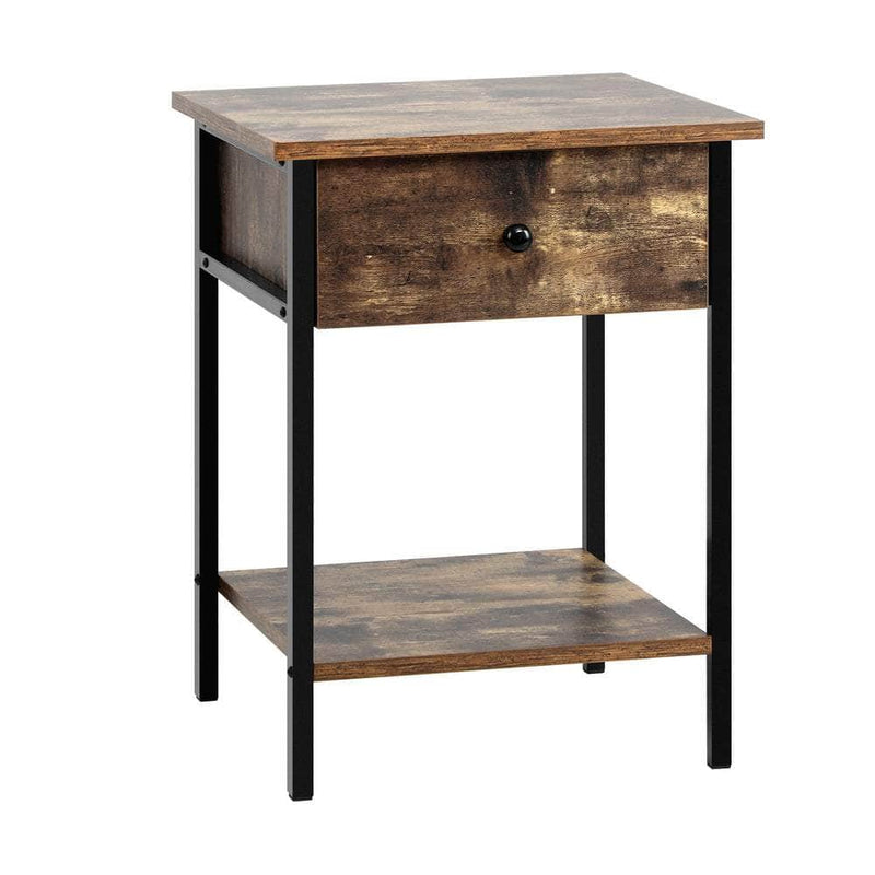 Bedside Table with Drawer and Storage Shelf, Metal Frame