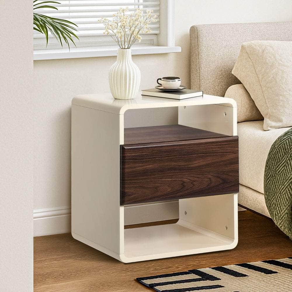 Bedside Table With Drawer Open Shelves Retro-Modern