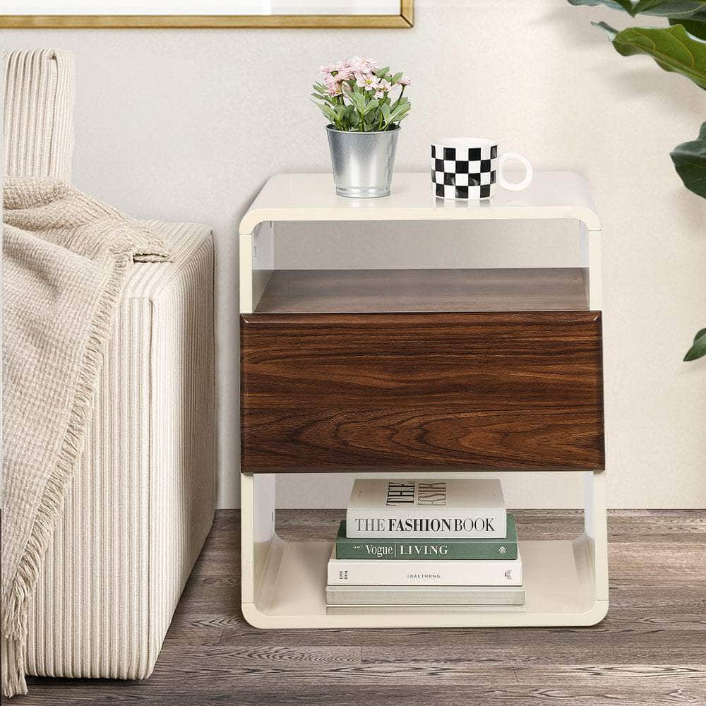 Bedside Table With Drawer Open Shelves Retro-Modern