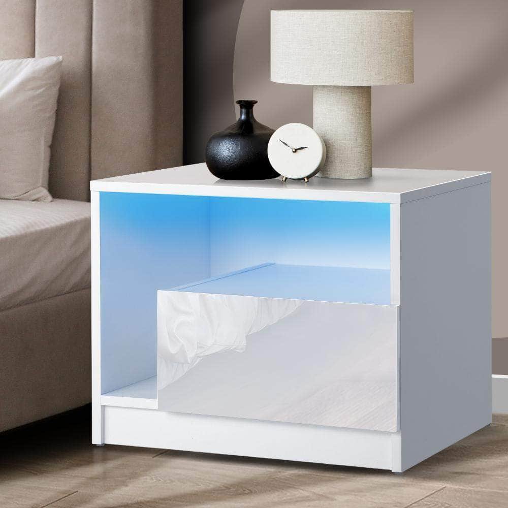 Bedside Tables RGB LED Side Table Drawers High Gloss Nightstand