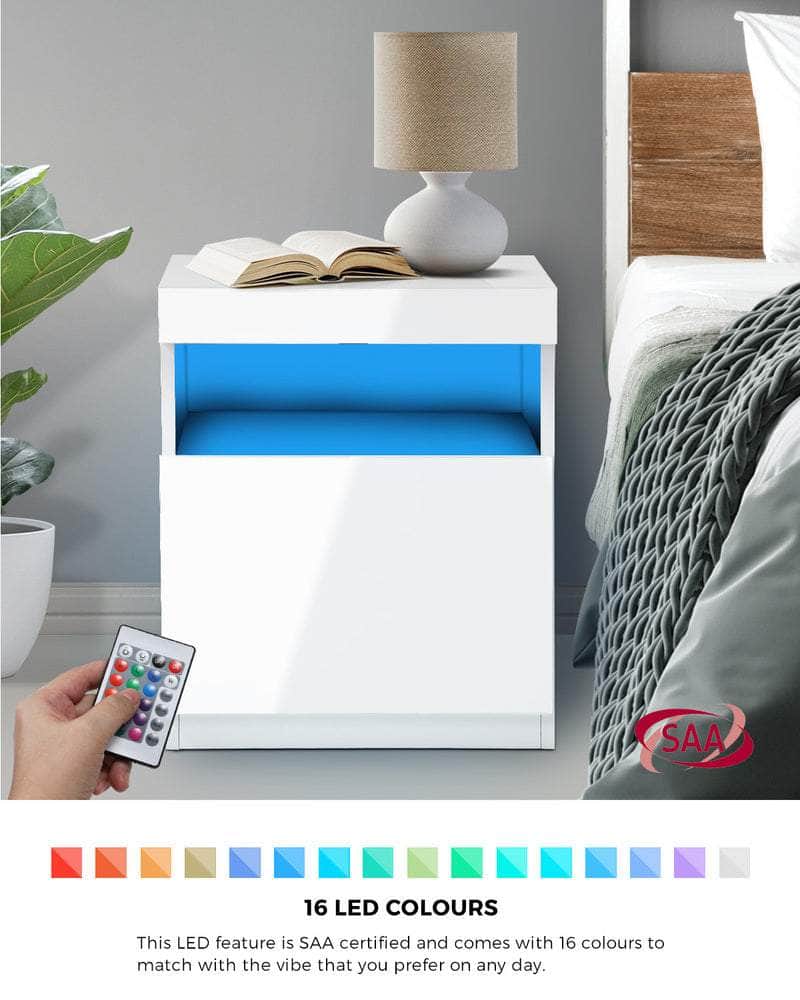 Bedside Tables Set of 2 LED Nightstand White