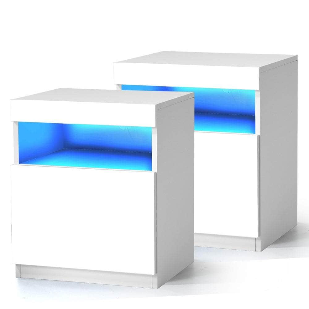 Bedside Tables Set of 2 LED Nightstand White