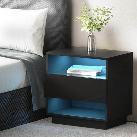 Bedside Tables Side Table Rgb Led Drawers Nightstand High Gloss Black