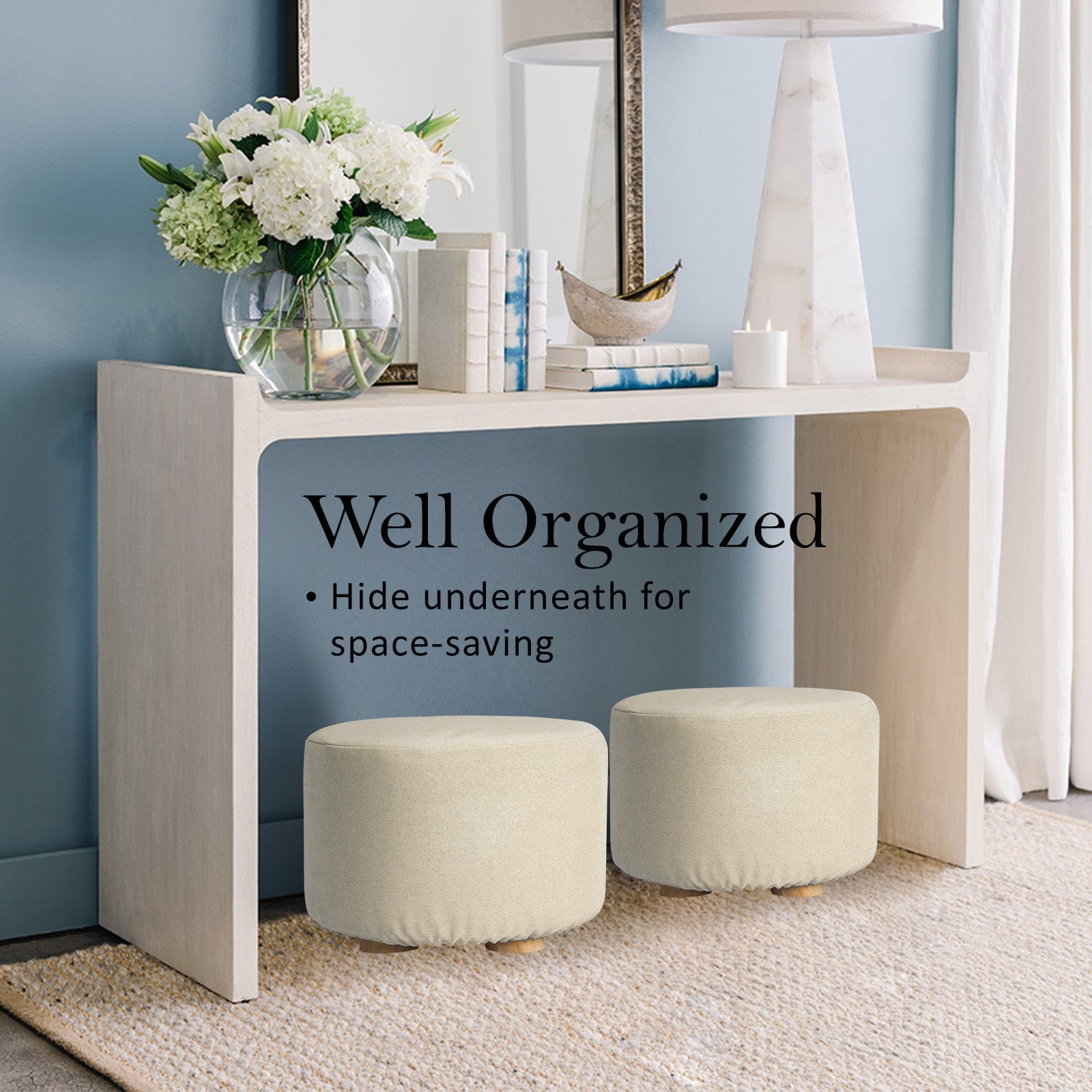 Round Fabric Ottoman Stool Beige Wooden Legs Footrest Padded Seat