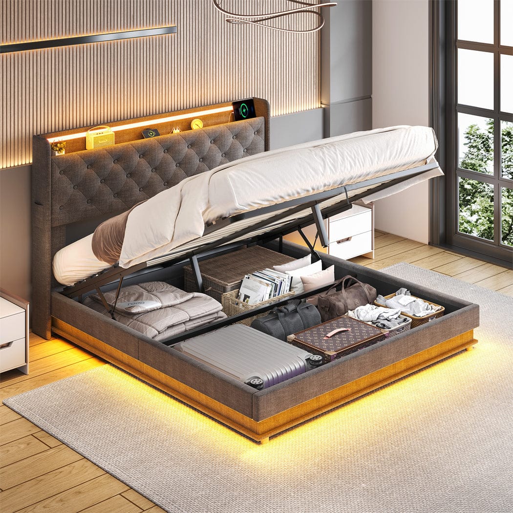 Queen Bed Frame With Gas Lift Storage And LED Light