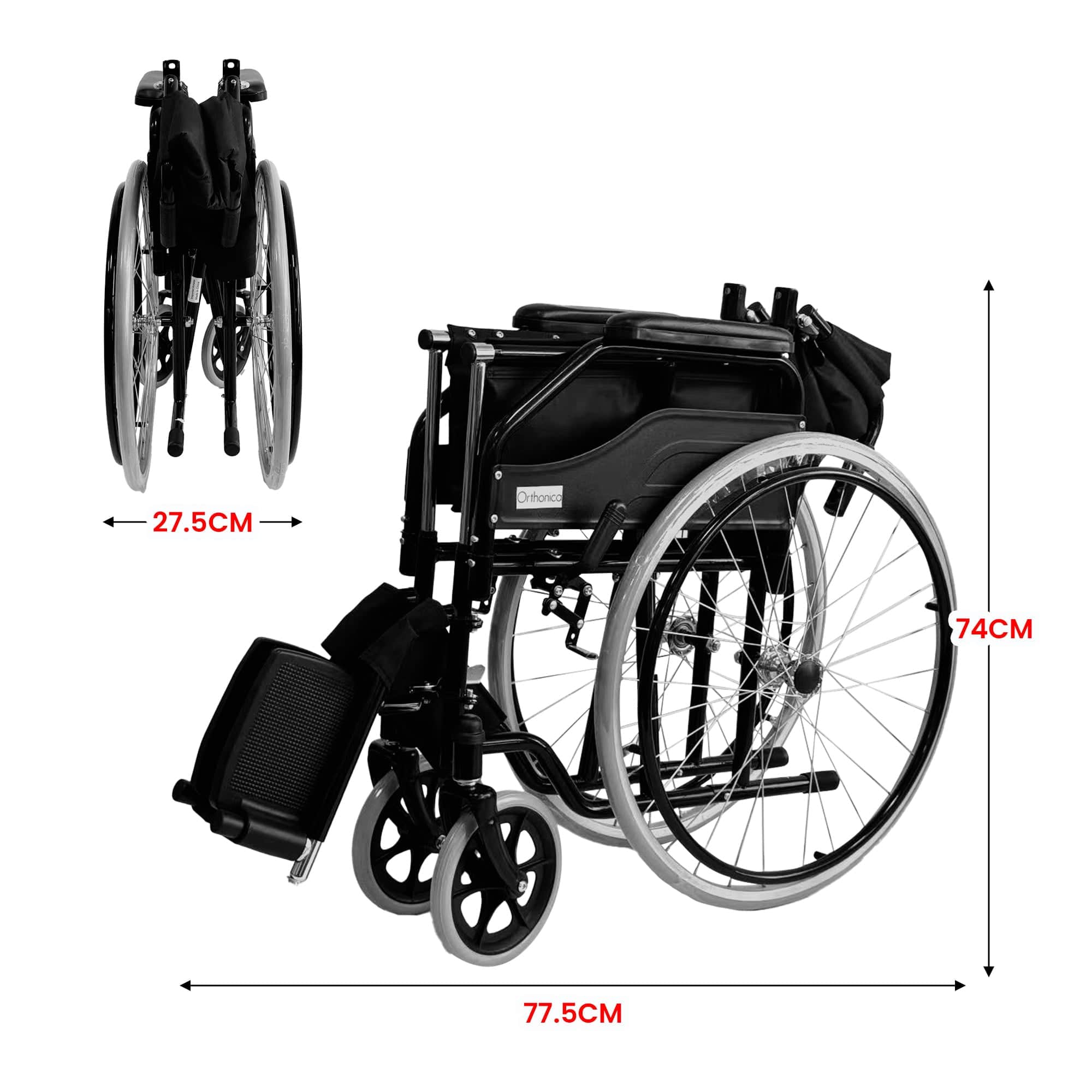 Black 24in Self-Propelled Foldable Steel Wheelchair for Mobility