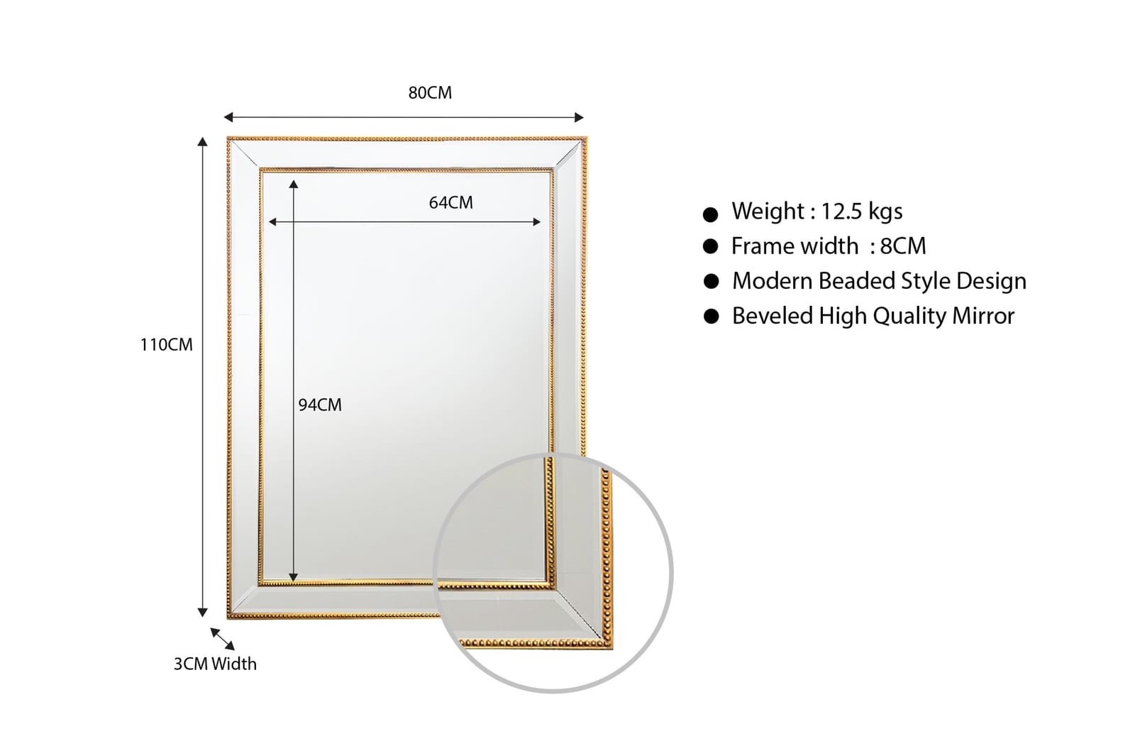 Black Beaded Framed Mirror - Rectangle 80Cm X 110Cm | 80Cm