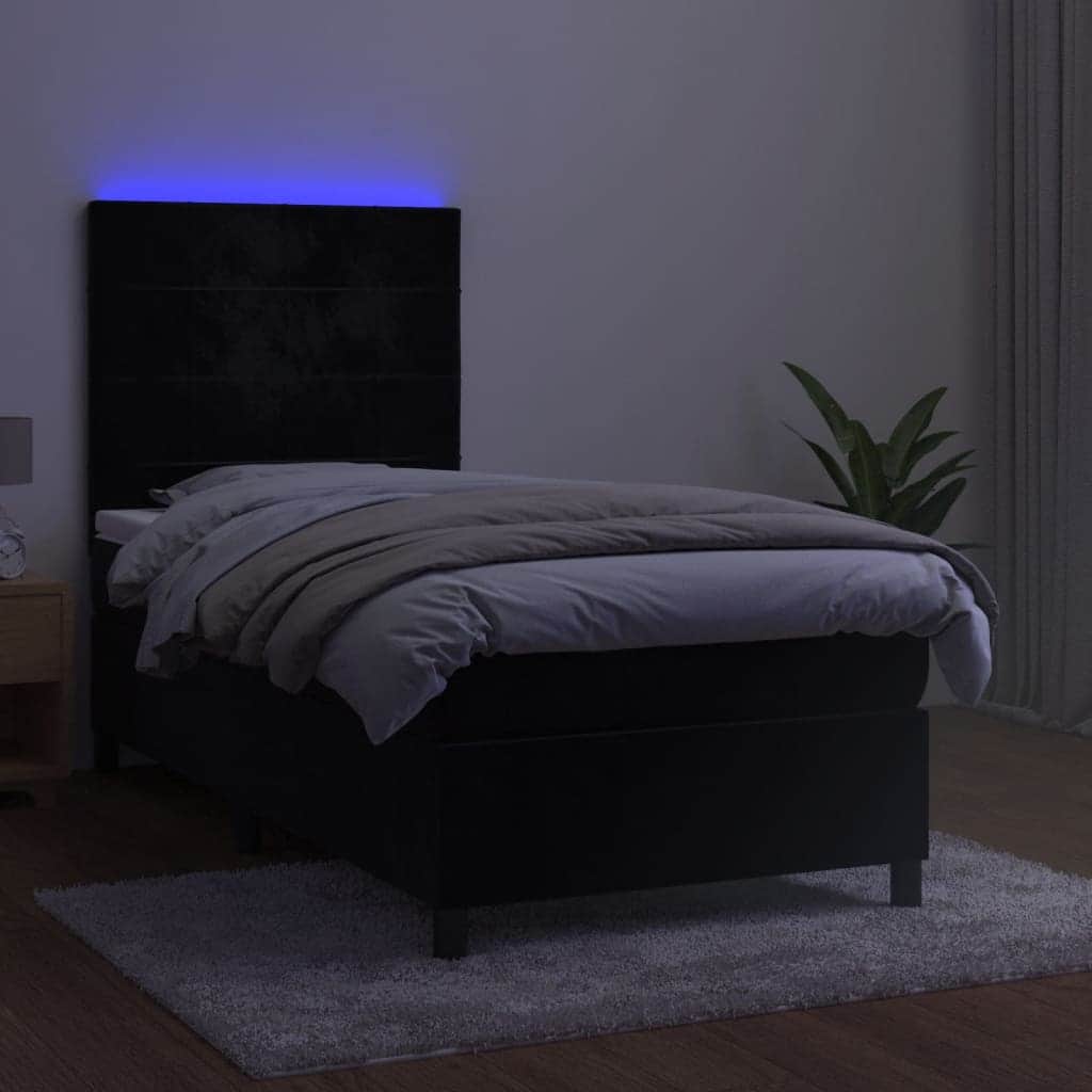 Black Box Spring Bed with LED Velvet Mattress King Single Adjustable Headboard