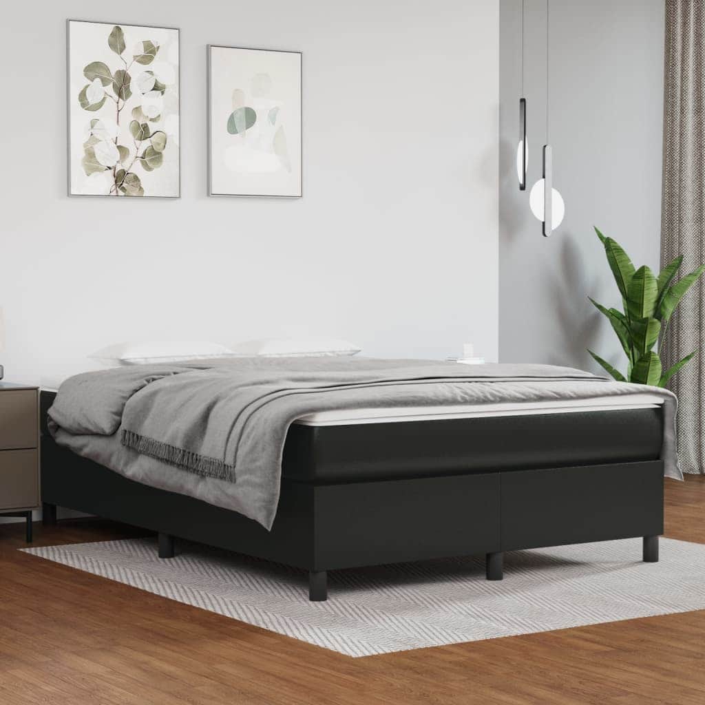 Black Double Box Spring Bed with Pocket Spring Faux Leather Mattress