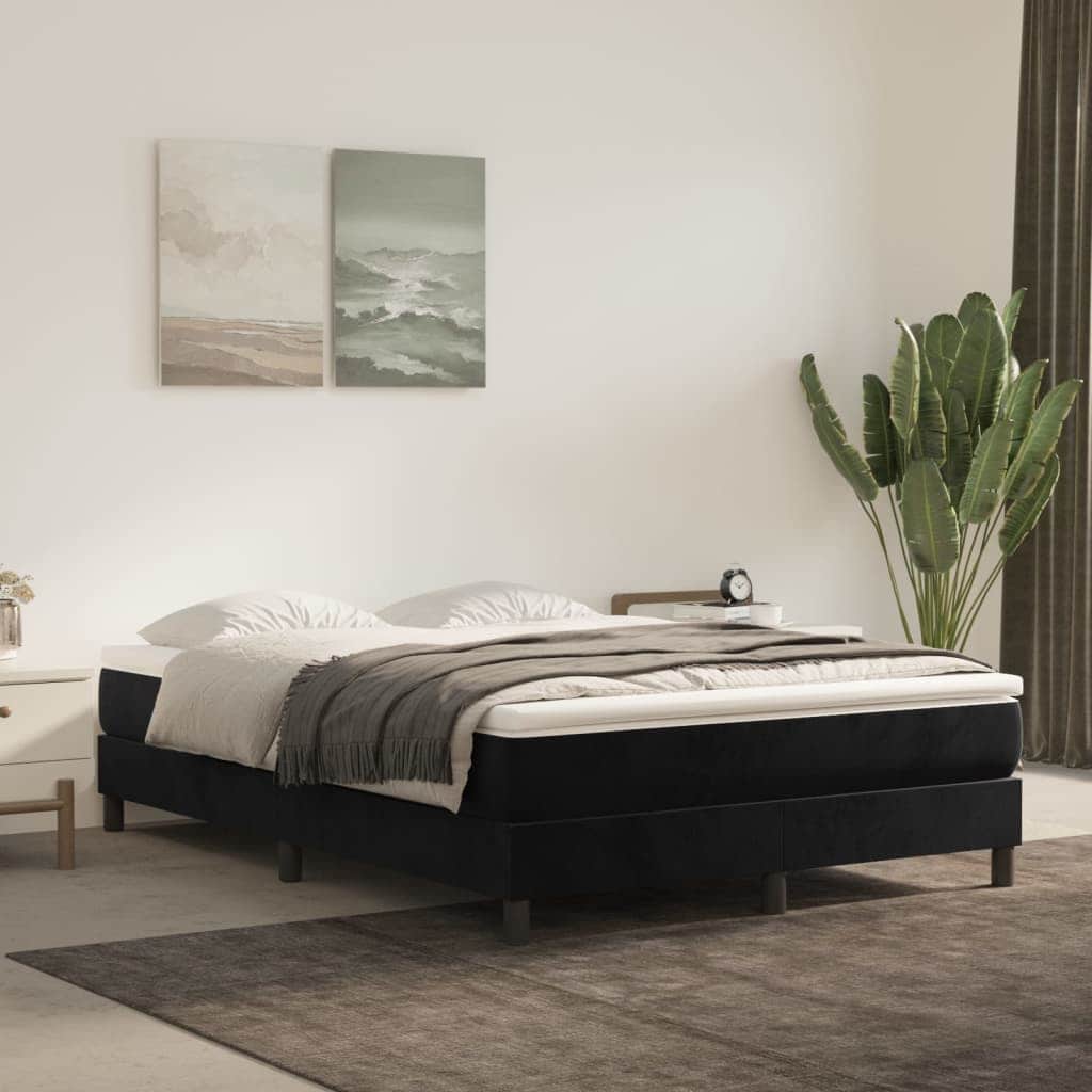 Black Double Velvet Box Spring Bed with Pocket Spring Mattress and Foam Topper