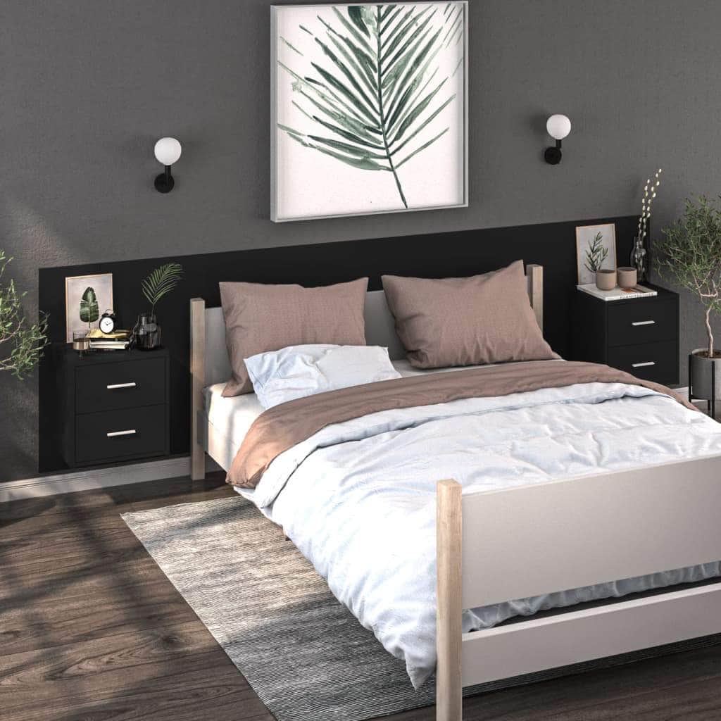 Black Engineered Wood Wall Bedside Cabinet