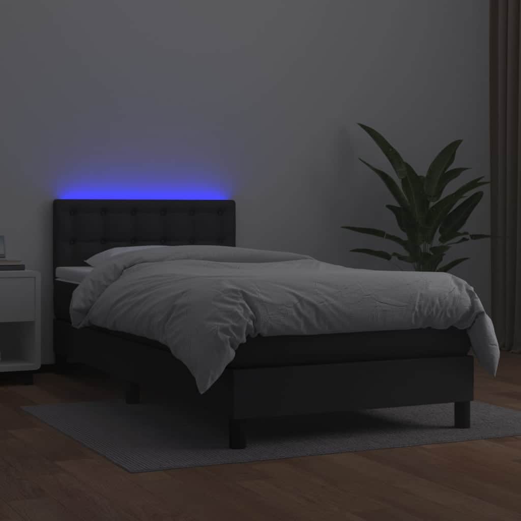 Black Faux Leather Box Spring Bed with Mattress LED Lights Pocket Spring Support