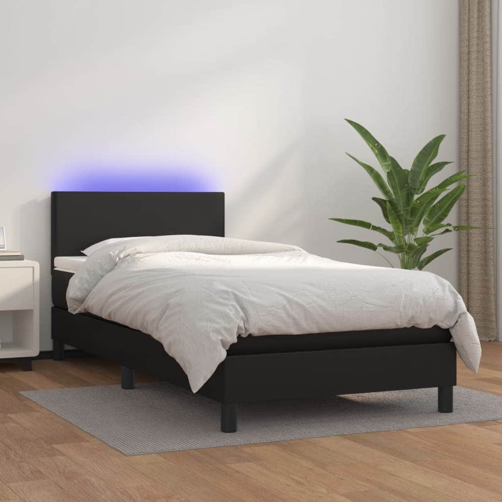 Black Faux Leather Box Spring Bed with Mattress LED Pocket Spring