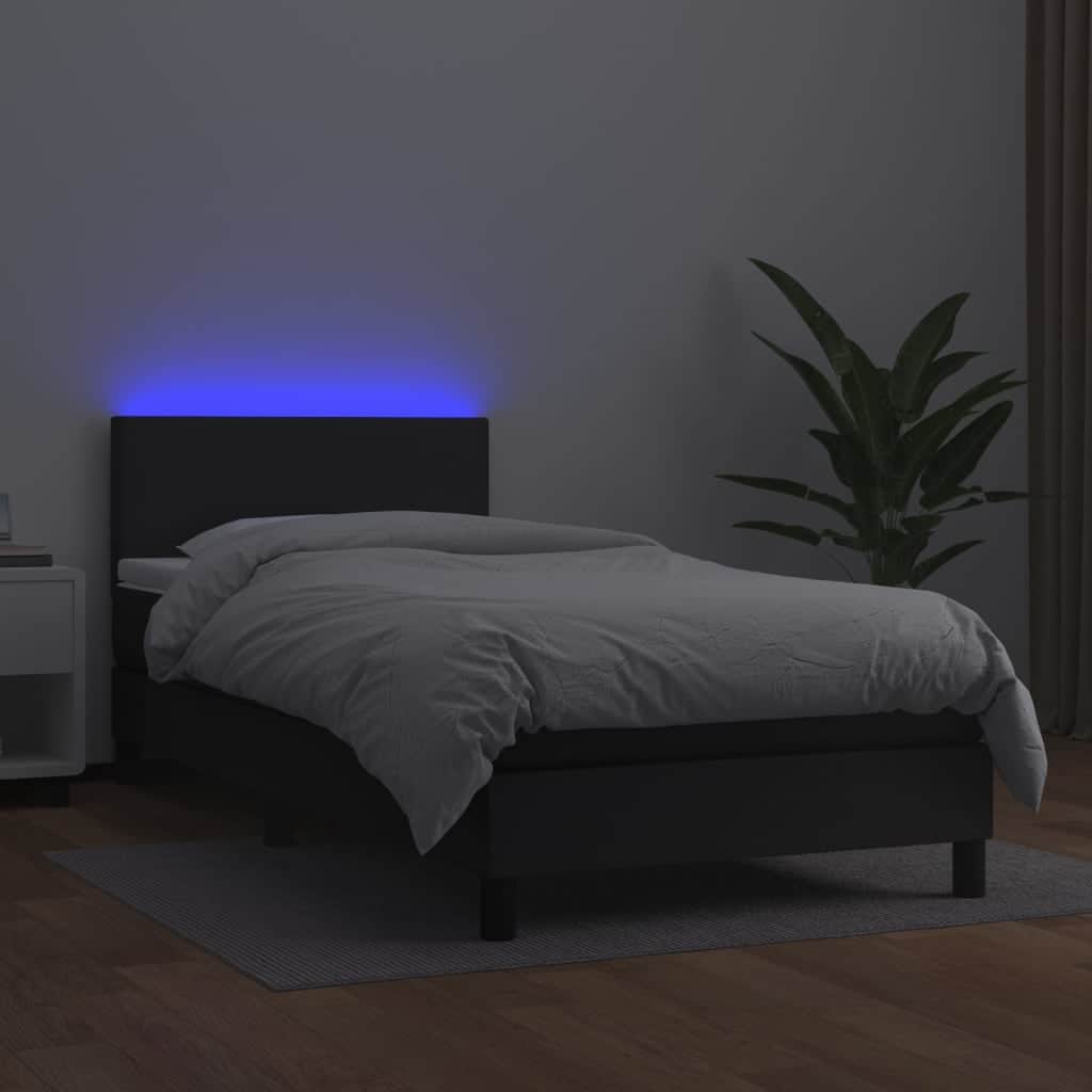 Black Faux Leather Box Spring Bed with Mattress LED Pocket Spring