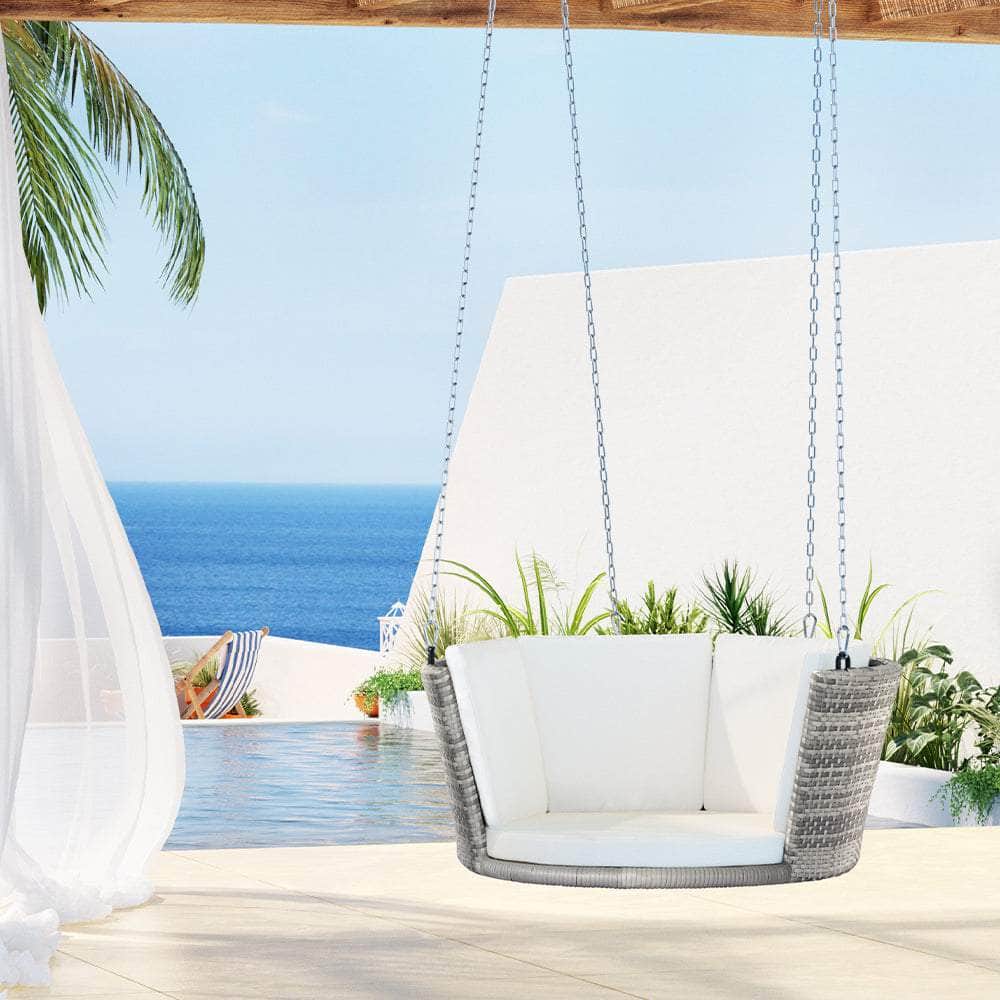 Black/Grey Rattan Porch Swing Chair with Chain Cushion | Outdoor Chairs