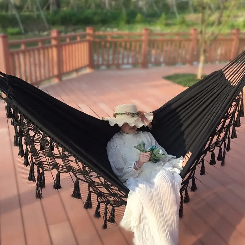 Black Hammock with Tassels and Fishtail Knitting - Handmade Cotton Woven Balcony Hammock for Outdoor and Indoor, Includes Tie Ropes and Hook