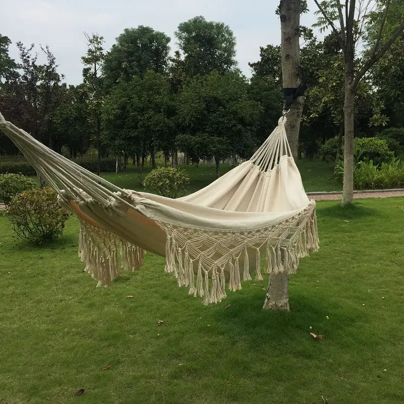 Black Hammock with Tassels and Fishtail Knitting - Handmade Cotton Woven Balcony Hammock for Outdoor and Indoor, Includes Tie Ropes and Hook