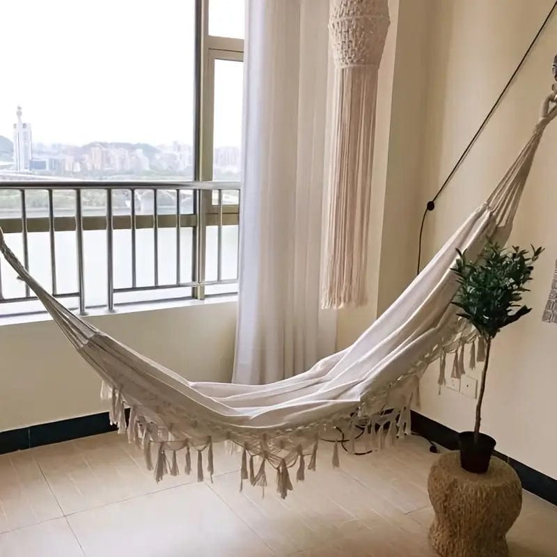 Black Hammock with Tassels and Fishtail Knitting - Handmade Cotton Woven Balcony Hammock for Outdoor and Indoor, Includes Tie Ropes and Hook