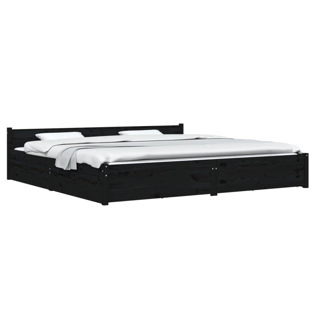 Black King Bed Frame with Drawers Solid Pinewood Sturdy Slats Headboard