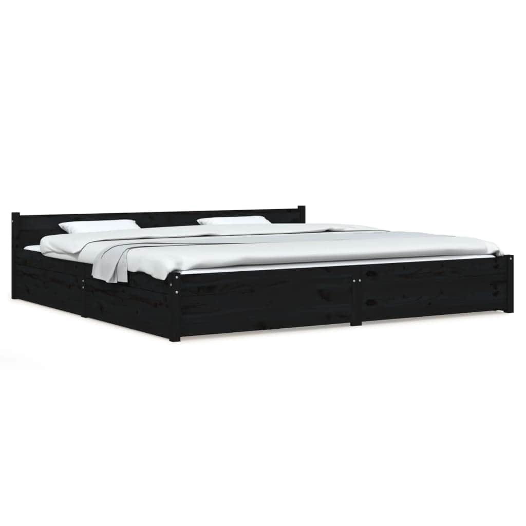 Black King Bed Frame with Drawers Solid Pinewood Sturdy Slats Headboard