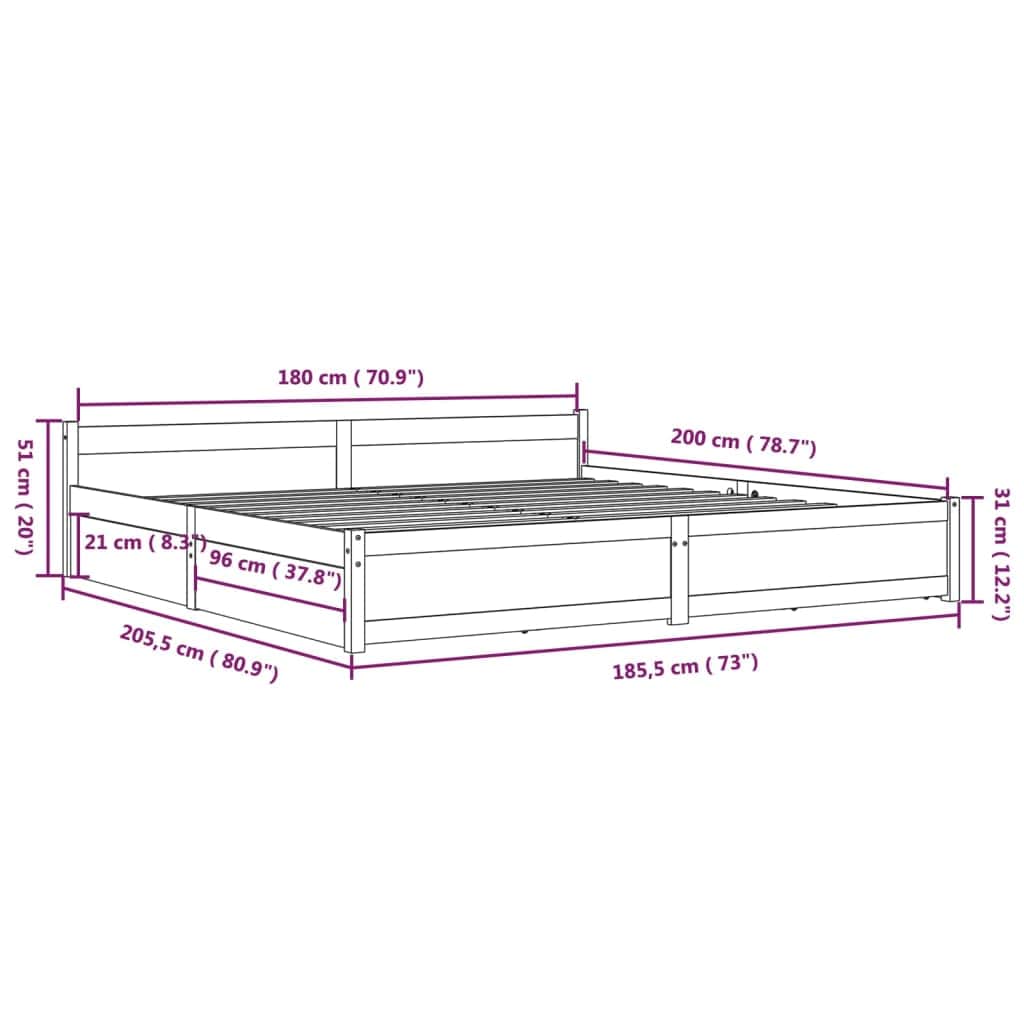 Black King Bed Frame with Drawers Solid Pinewood Sturdy Slats Headboard