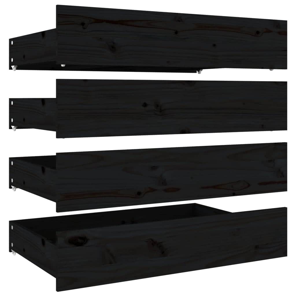 Black King Bed Frame with Drawers Solid Pinewood Sturdy Slats Headboard